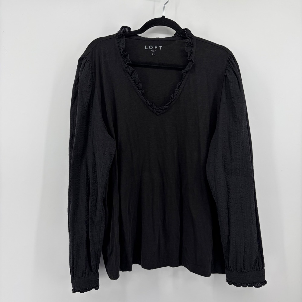 LOFT Womens XL Black Cotton Ruffle‎ V-Neck Textured Long Sleeve Top Blouse
